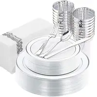 

Silver Plastic Plates with Disposable Plastic Silverware&Cups &Hand Napkins