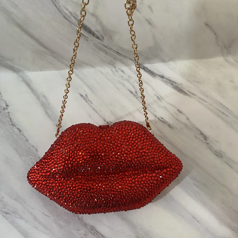 

2021 luxury designer evening glitter rhinestone bling crystal diamond red lips coin pouch clutch purse crossbody bag for women