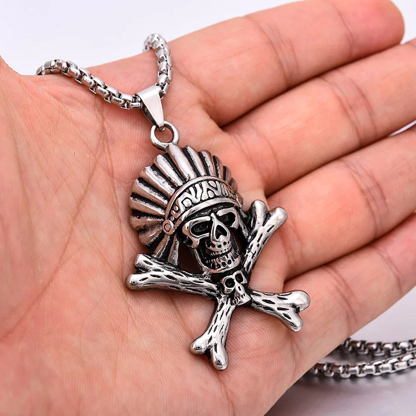 

European and American hot-selling Indian tribe chiefs skull titanium steel necklace fashion pendant viking jewelry