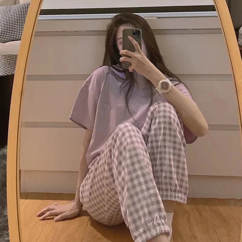 

JULY'S SONG Korean Style Solid Plaid Women Pajamas Summer Short Sleeve Long Pants Sleepwear Milk Silk Casual Loungewear Pyjamas, 3 colors as shown