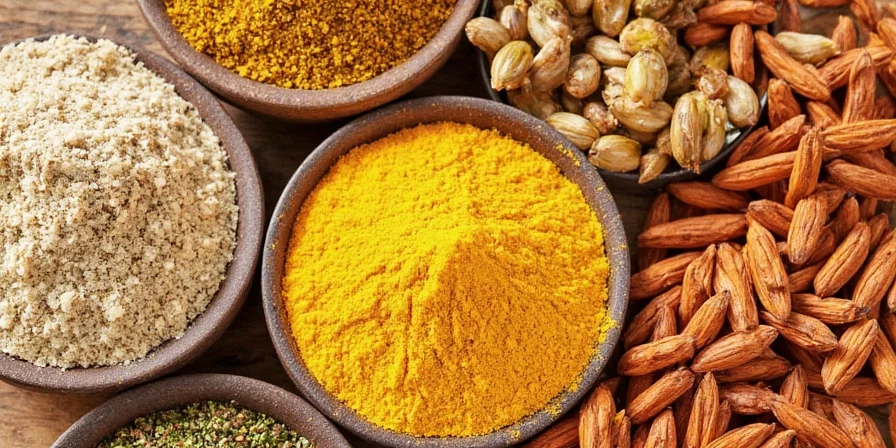 Colorful spice rack ready for curry blend