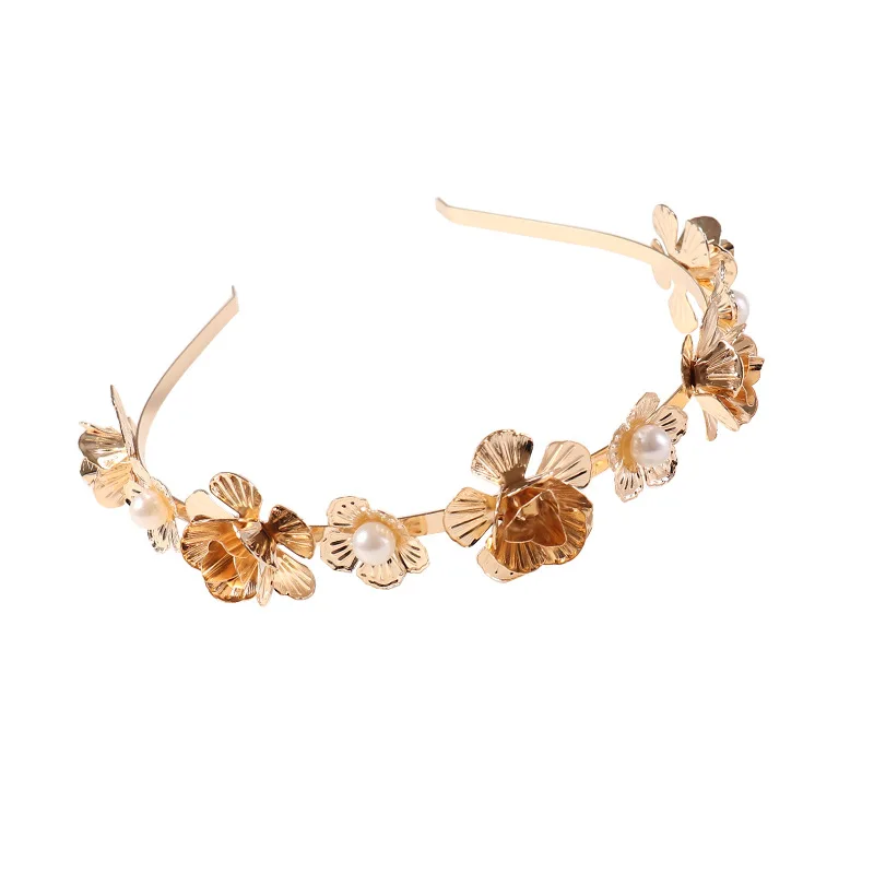 

Vintage Exquisite Daily Golden Pearl Flower Leaf Headband for Female Hair Accessories, As pictures