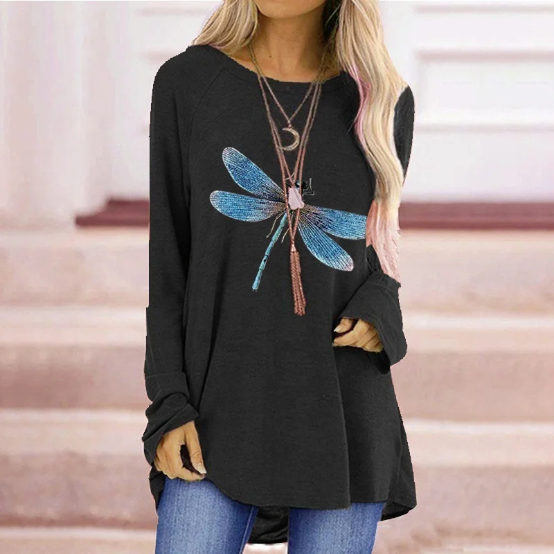 

Autumn blue dragonfly print loose round neck long sleeve T-shirt