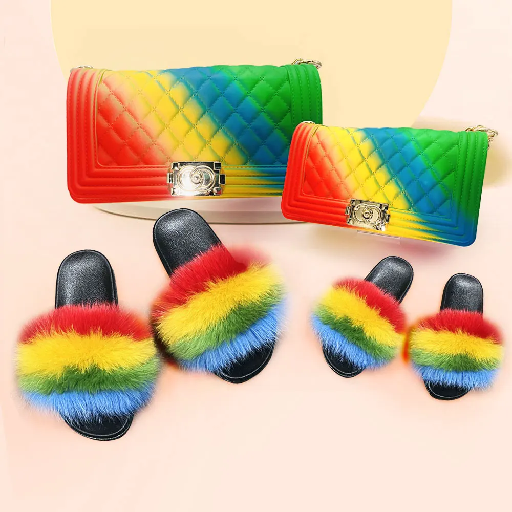 

2021 Custom Summer Women Sandals Furry Logo Slippers Jelly Handbag Mommy Me Fur Slides And Purse Set, Customized color