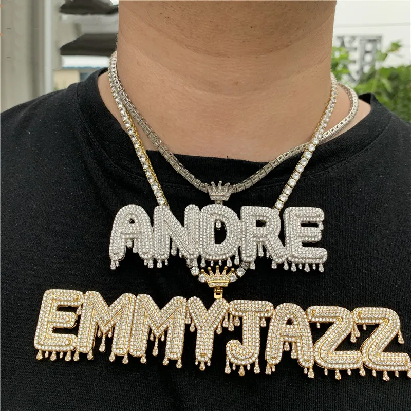 

Hip Hop Custom Name Cubic Zircon Crown Drip Iced Out Bubble Letters Chain Pendants & Necklaces For Men Jewelry With rope Chain, Picture