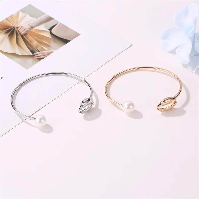 

Fashion Silver Gold Shell Pearl Open Bangles Adjustable Bracelet Metal Wild Female Jewelry Kind Circlet For Women