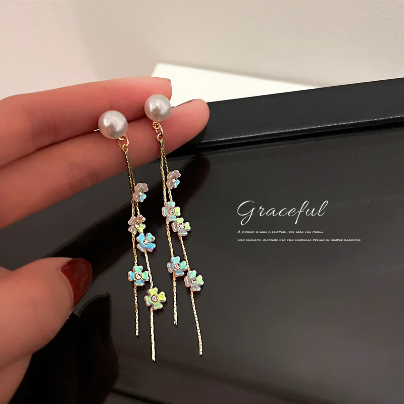 

pearl flower tassel luxury statement earrings