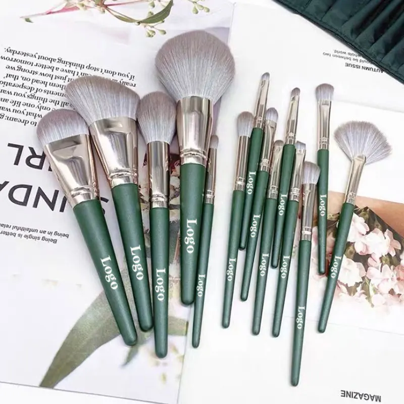 

High Quality Green OEM Makeup Brushes Custom Logo Make Up Brush Set 14pcs Custom Logo