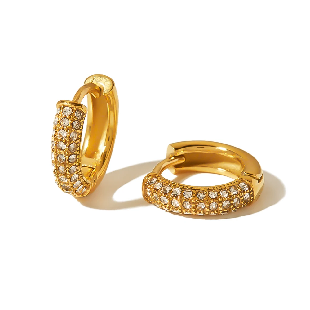 

Luxury 18K Gold Plated Clear Zircon Paved Hoop Earrings Waterproof Stainless Steel Zircon Huggie Earring For Women