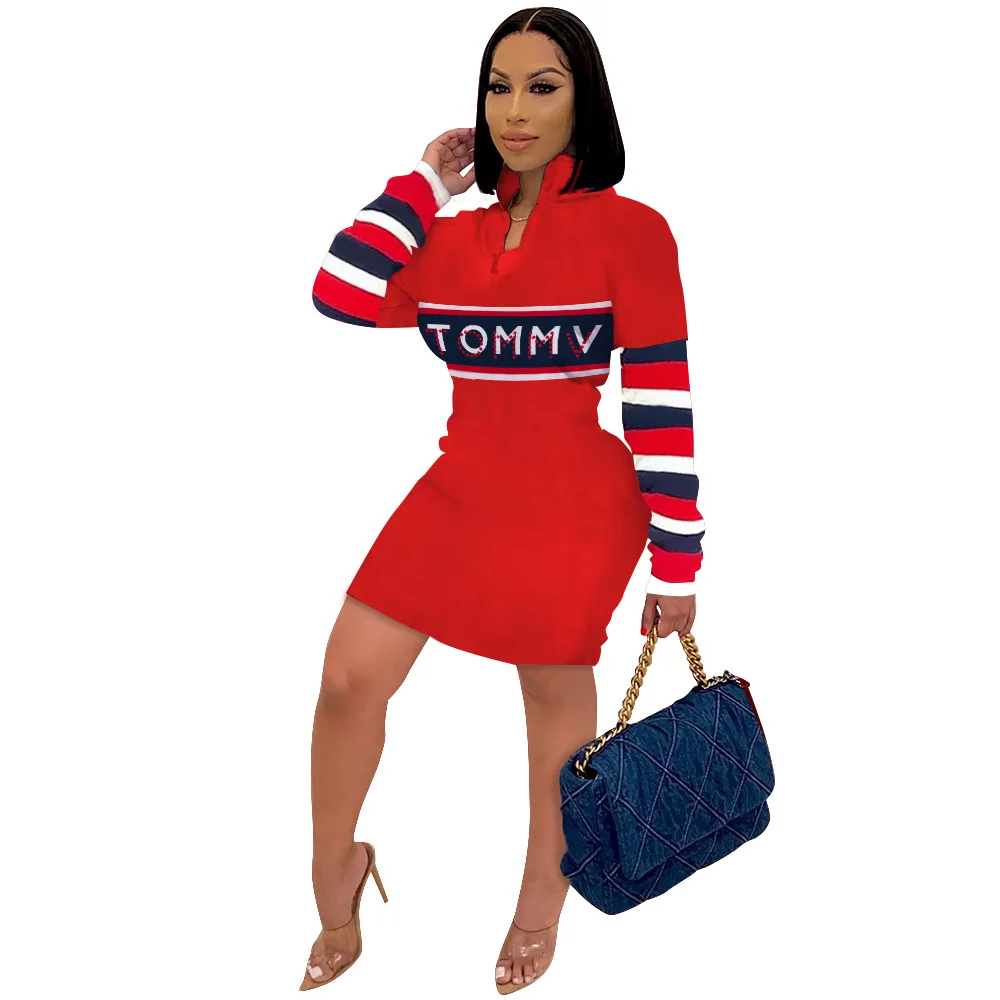 

Amazon Hot-sale ladies dress women's new digital print zipper faux cotton dress Sport style t shirt dress, Picture color