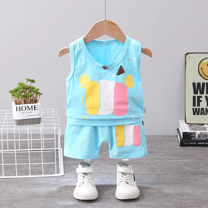 

Summer Kid Clothing New Boys And Girls Clothes Cartoon Vest Suit For 1-4 Years Old, Blue,purple+ pink