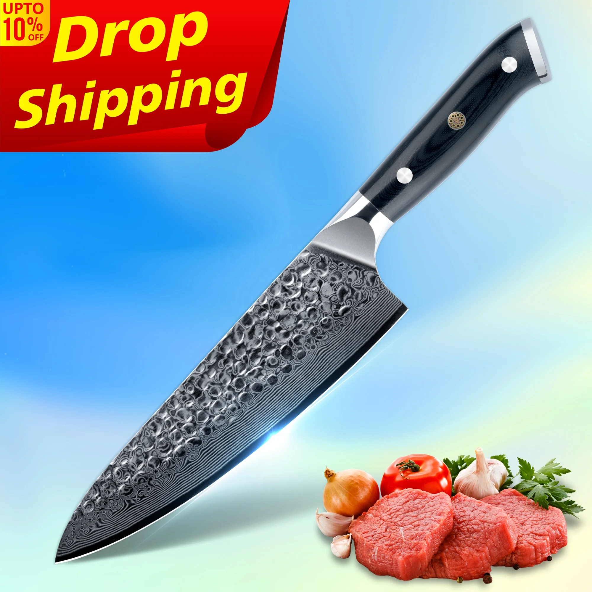 

10% off SkyCook 8 Inch damascus knife gyuto damascus chef knife chef knife professional with hammer pattern