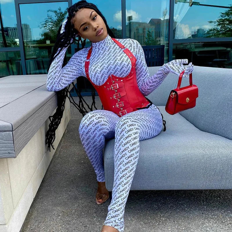 

FS3291A 2021 new arrivals women printing long sleeve finger cover jumpsuit