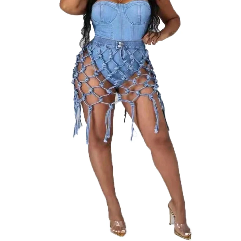 

2021 Summer Woven Mesh Denim Skirt Women Fashion Sexy Hollow Out Beach Skirts Ladies Solid Nightclub Short Skirts, Can be customized color