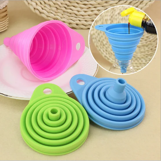 

Manufacturers wholesale Food grade mini folding silicone collapsible funnel for kitchen accessories, Green ,blue,orange,pink