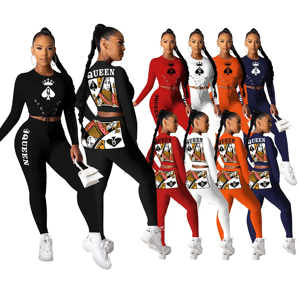 

2021 Queen outfit womens sportswear poker printing 2 pieces sets women clothing