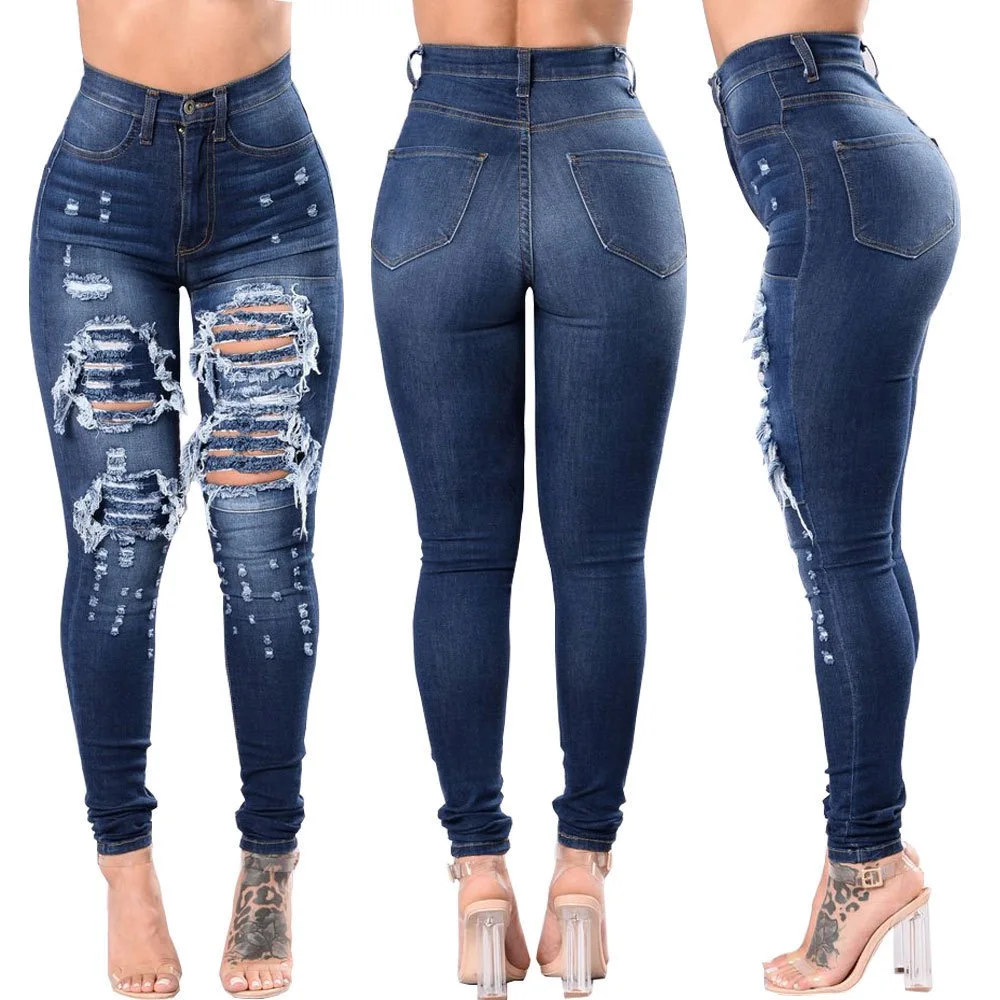 

Women Stretch High Waist Ripped Hole Skinny Jeans