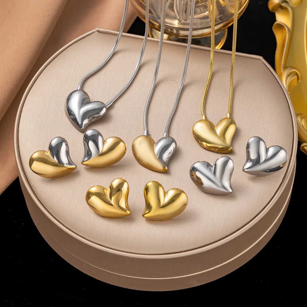 

Vintage new stainless steel 18K gold plated contrasting irregular heart necklace earrings for women jewelry accessories