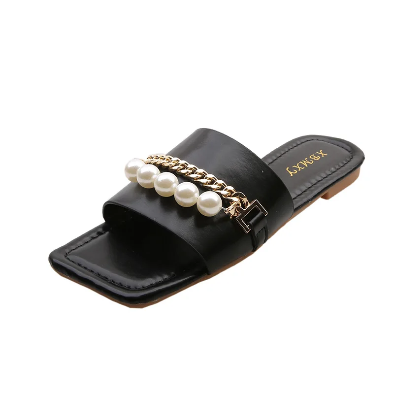 

2021 New Arrival Summer Daily Street Rubber Shoe Female Square Head Cozy Rhinestone Pearl One Font Slippers For Women Outdoor