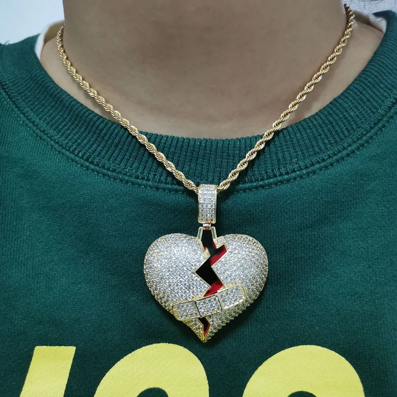 

Hip Hop Jewelry Band-aid Broken Heart Love Pendant Men Micro Pave Zircon Stone Necklace Patch love Pendant