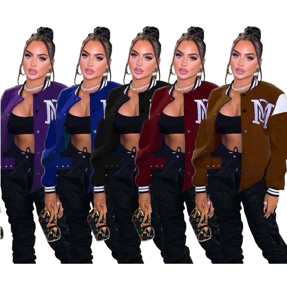 

New Winter Casual Ladies Coat Long Sleeve Patchwork Plus Size Autumn Women Baseball Jackets, Picture