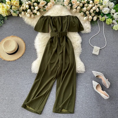 

2020 European INS Fashion Women Off Shoulder Long Jumpsuit With Belt