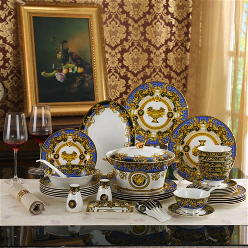 

Promotional 58 Pcs Western European Blue Luxury Royal Dining Room Bone China Dinnerware Sets, Gold edge with blue