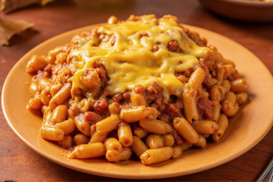 Close-up of Chili Mac's signature dish featuring macaroni covered in rich chili sauce with melted cheese topping on a classic diner plate