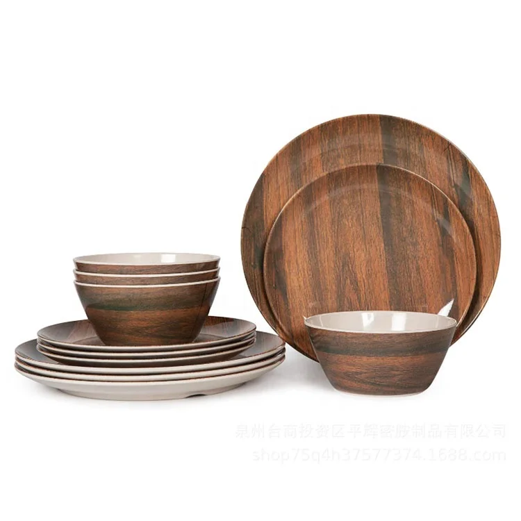 

Classic Vintage Wooden Design Round Plastic Cheap Wholesales Melamine Tableware Dinner Set, Customize