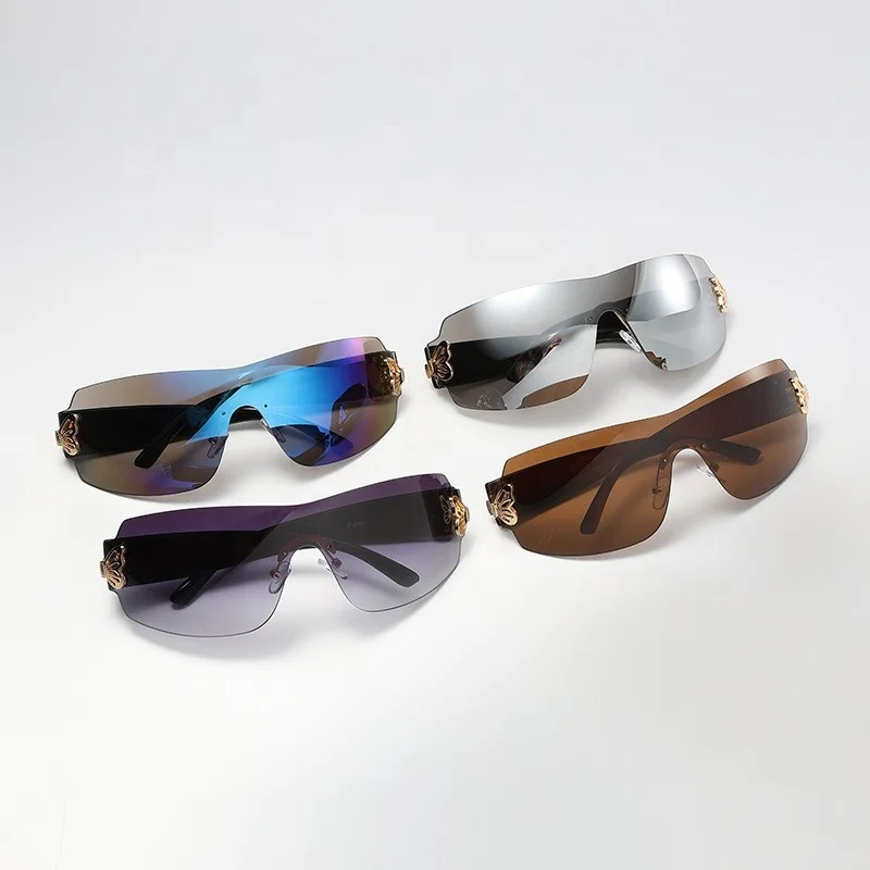 

New Luxury Oversized Sunglasses One piece Rimless Metal Butterfly Shaped Sunglasses Shades Eyewear Gafas De Sol