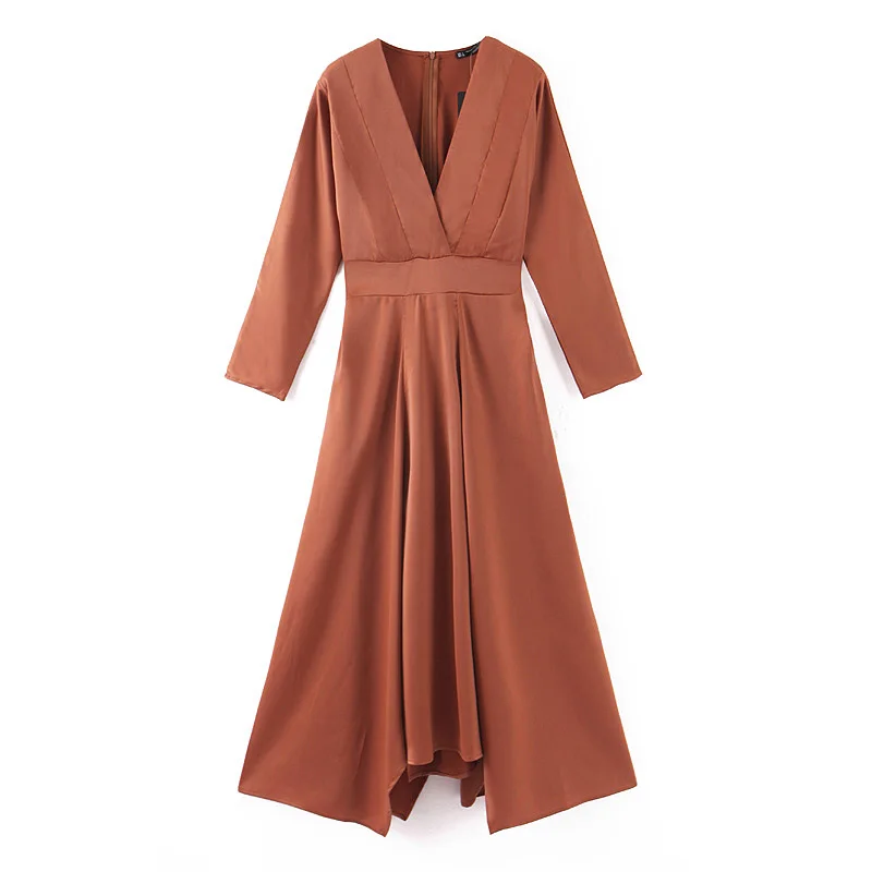 Brown Color V Neck Long Sleeve Autumn Maxi Dress Women Elegant Clothing ...