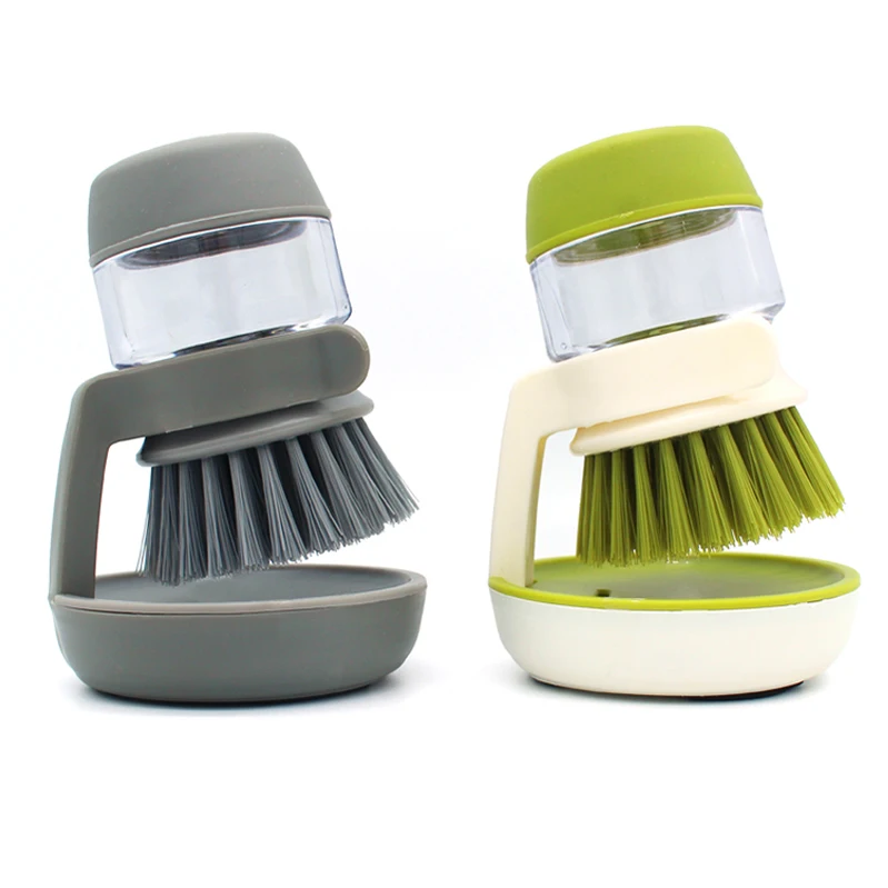 

Convenient soap dispensing palm scrub brush for kitchen cleaning, Green&grey