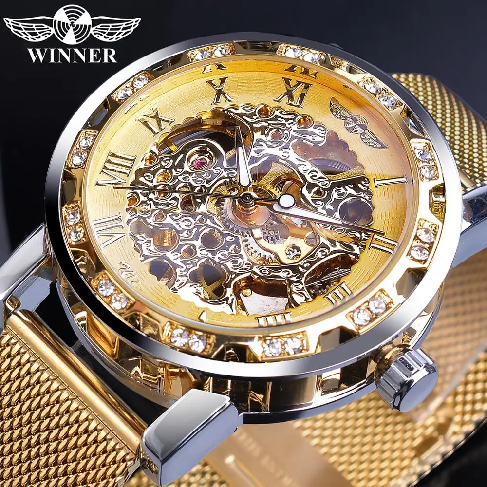 

Winner Brand Men Mechanical Watch Golden Hand Winding Skeleton Rhinestone Mesh Steel Band Strap Male Wristwatch Relogio Dropship, Silver