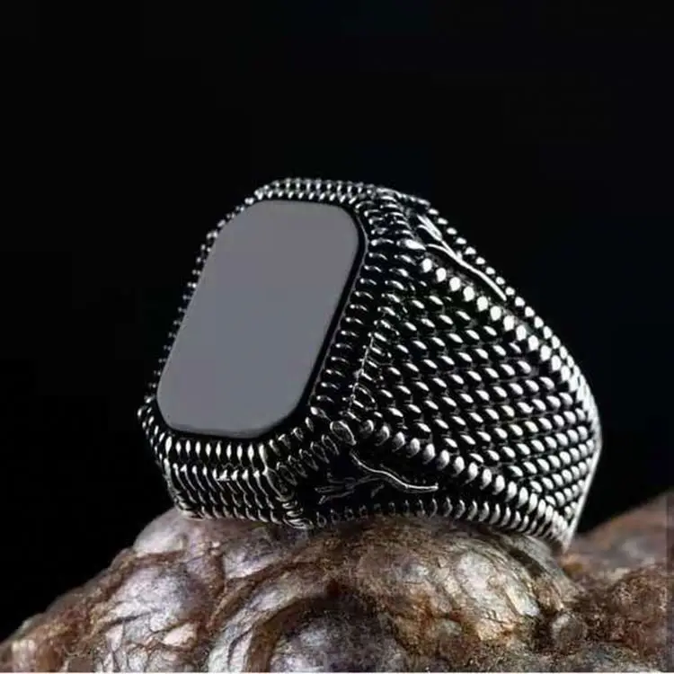 

Hot Sale Agate Stone Vintage Cool Jewelry Silver 925 Men's Ring, Black