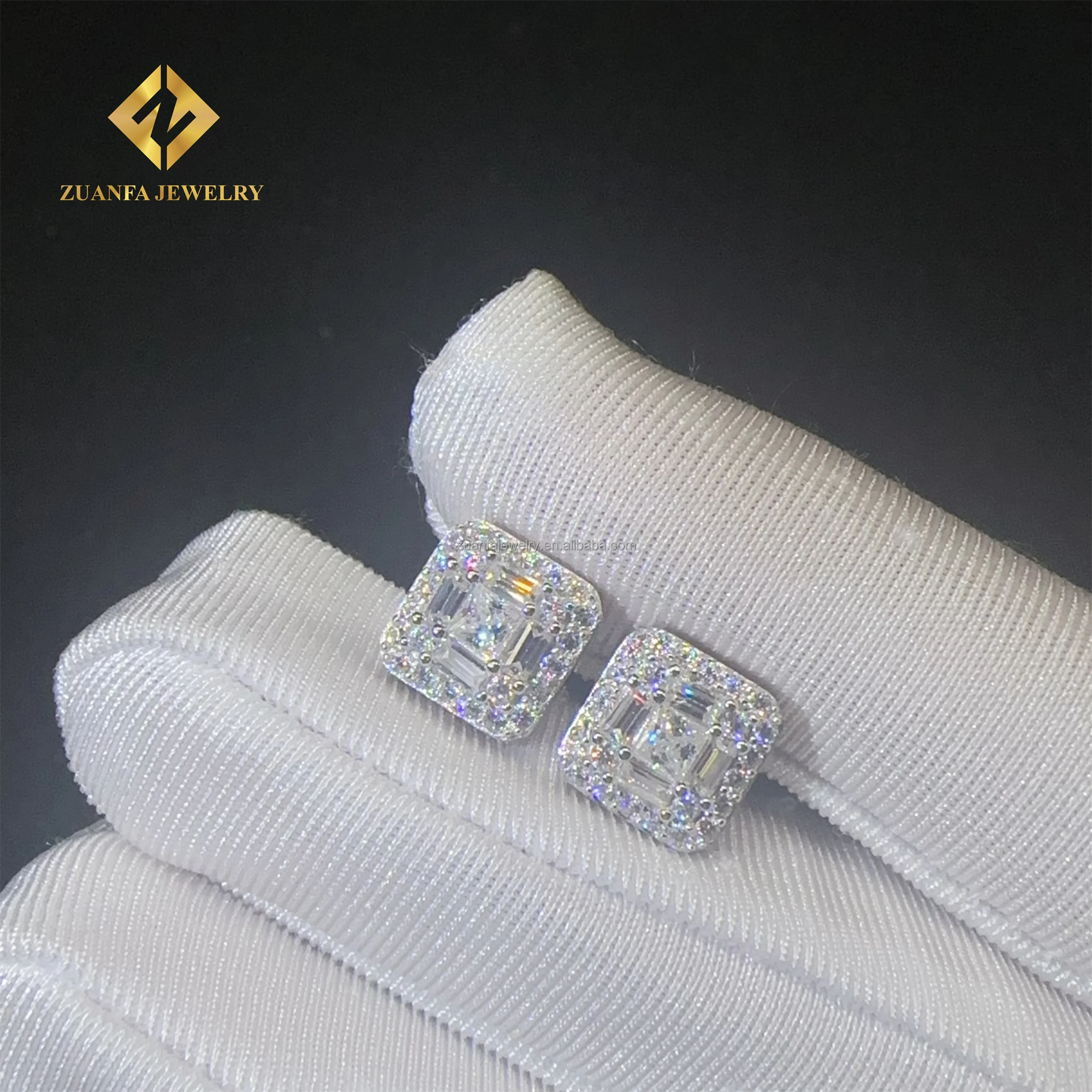 Pass Diamond Tester 925 Silver Rhodium Plated Hip Hop Earring Jewelry Iced Out Baguette Moissanite Diamond Men Stud Earrings