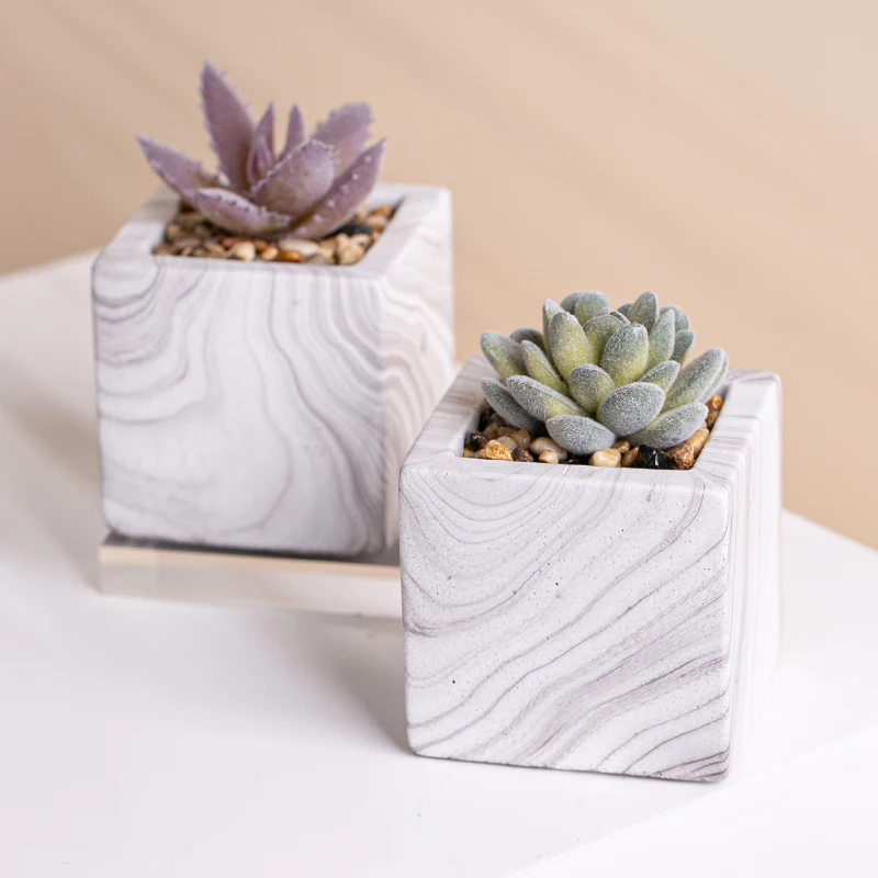 

New Design Mini Marbling Cement Pot With Artificial Potted Plant Home Decoration, Customized