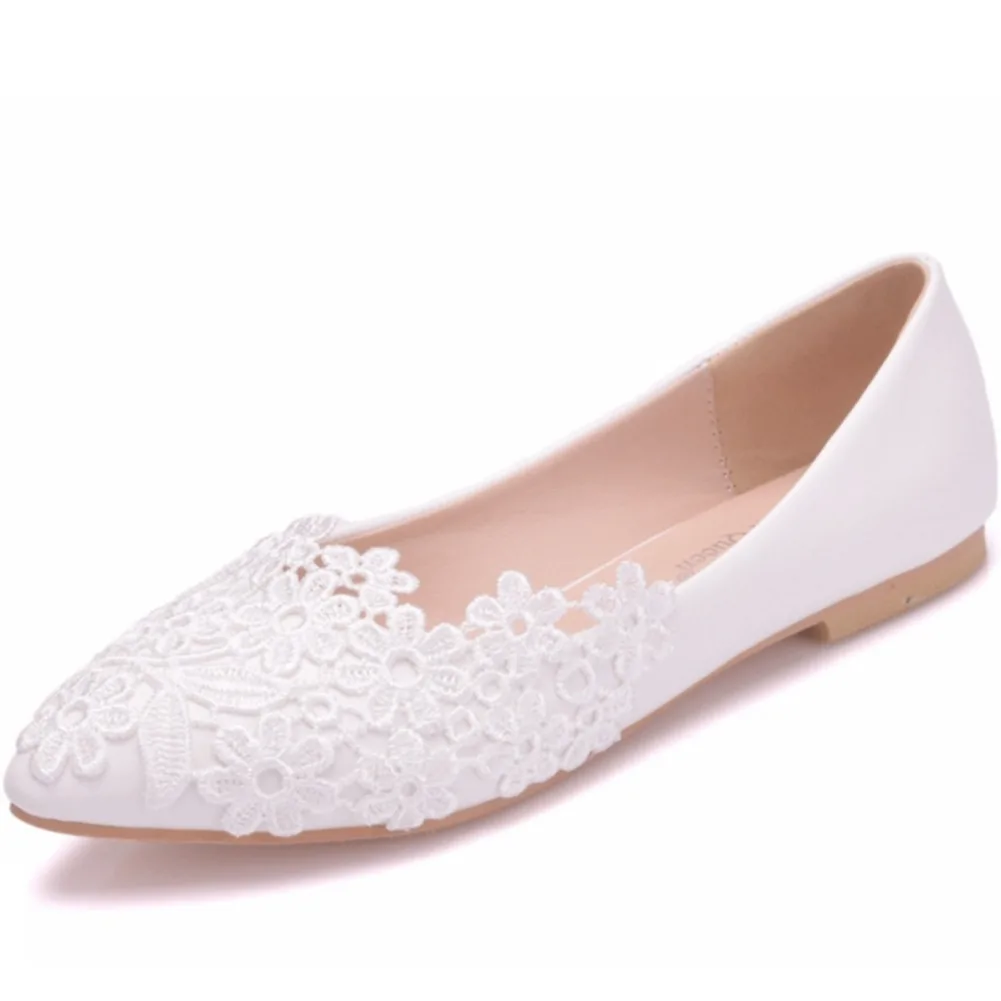 

Dropshipping Custom Logo White Lace Wedding Shoes Pointed Leisure Low Heel Women's Casual Flat Shoes