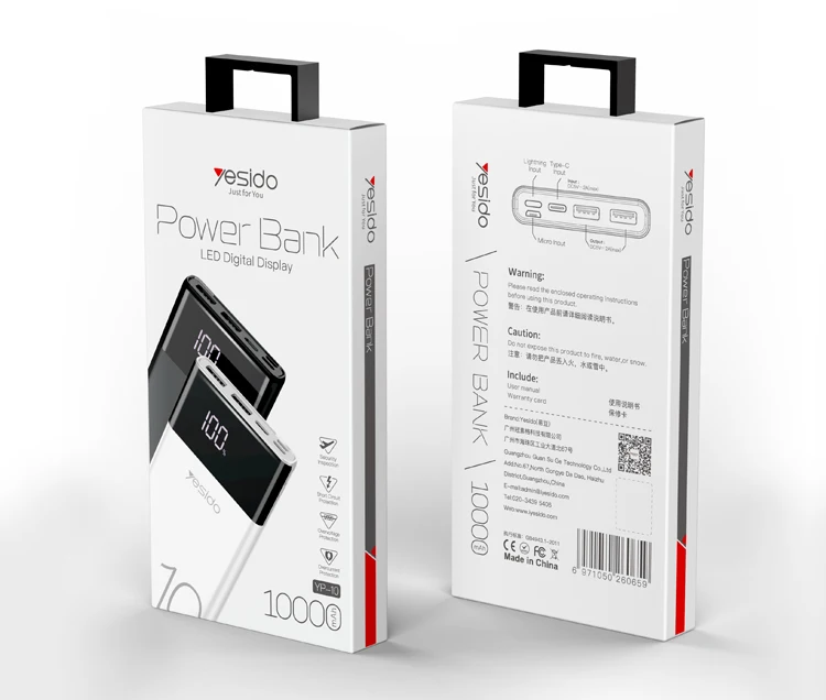 Yesido High Capacity Powerbank Dual Usb Port Mobile Phone 10000Mab Power Bank Portable