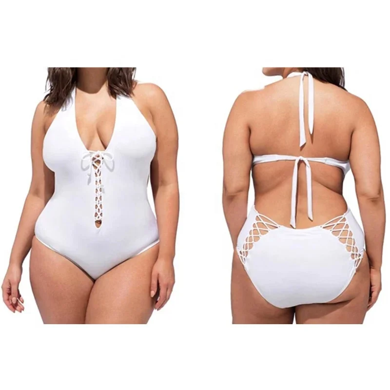 

Solid color plus-size sexy hollowed-out swimsuit Women lace-up bikini beach wear, Black/white