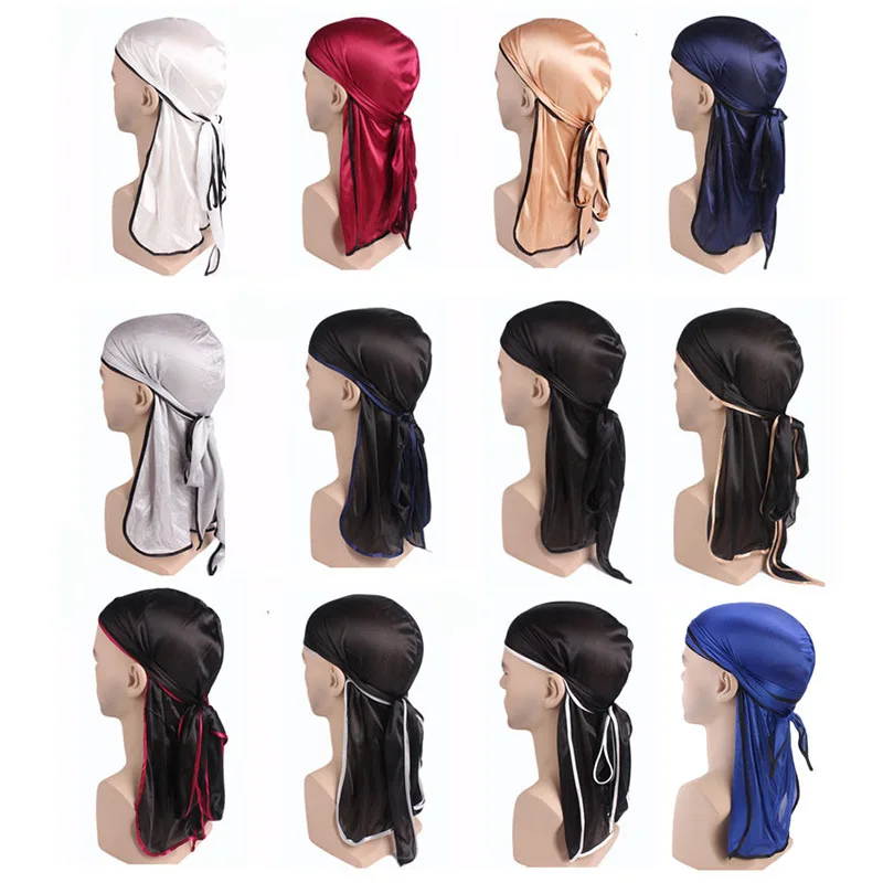 Wholesale Unisex Patterns Printed Satin Silky Du Rags Long Tail Headwrap Caps Wrap Plain Silky Durag
