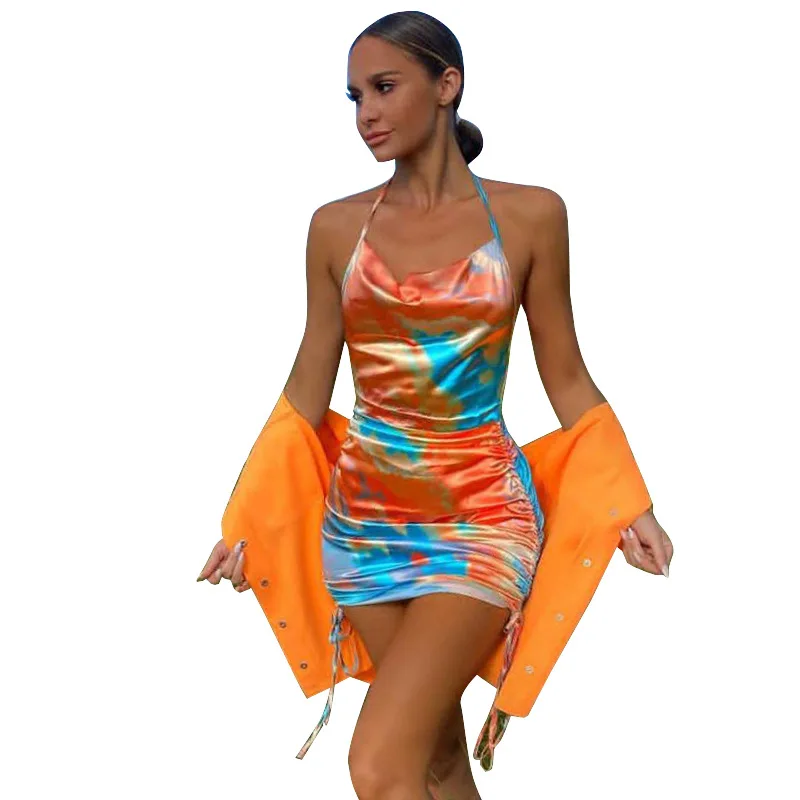 

2021 Summer New Fashion Ladies Prom Cami Dress Sexy Hanging Neck Casual Hot Night Short Dress Luxurious Rhinestone Dress Mujer, Color/sky blue