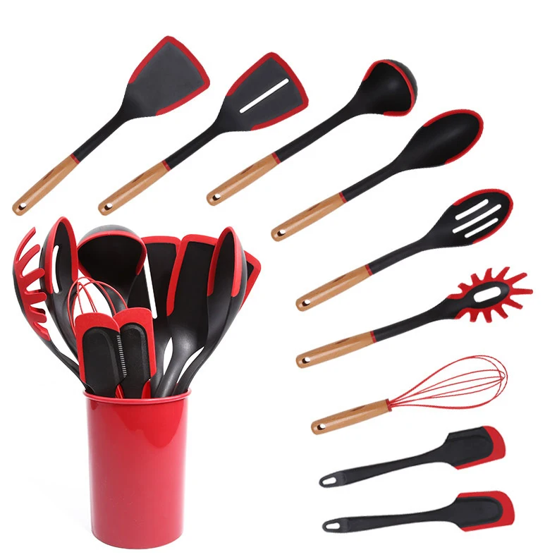 

6 9pcs Silicone Kitchenware Set Wooden Handle Non-stick Kitchen Utensils Tool Set