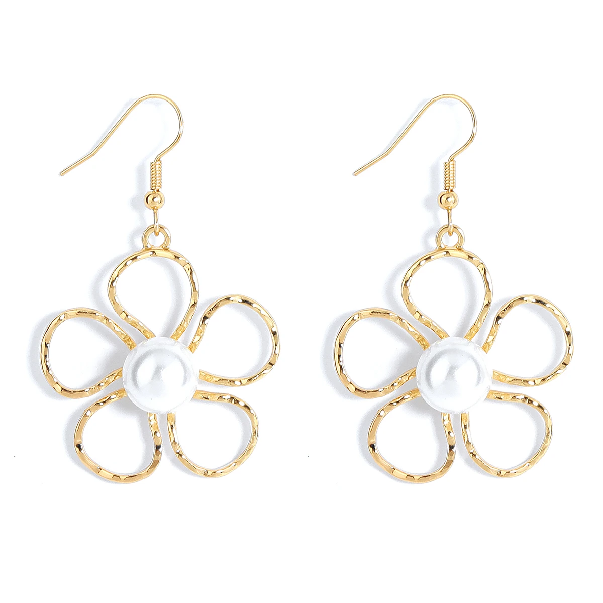 

hawaiian plumeria flower pearl earrings women hammered hollow out metal jewelry