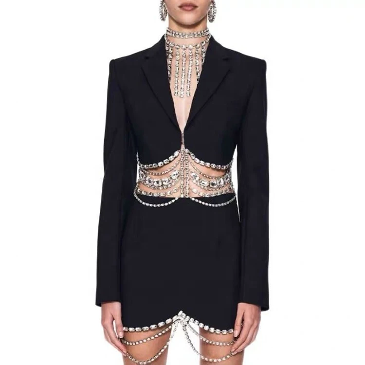 

ZISE High Quality Women's Clothing V Neck Jacket Rhinestone Tassel Blazer Women Long Sleeves Mini Black Sexy 2021 Club Dresses