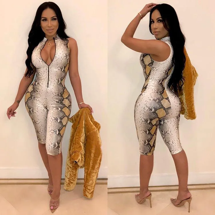 
Womens Casual Stand Neck Front Zipper Short Sleeve Short Pants Snakeskin Print Romper Jumpsuit 