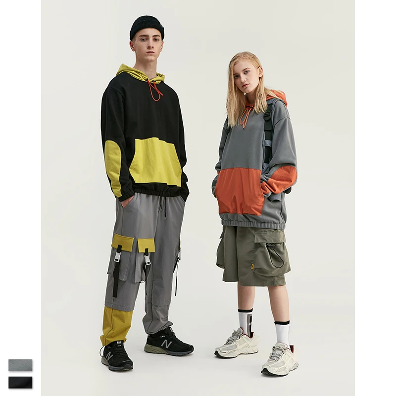 Harajuku Men Hip Hop Hoodie Winter Hoodies Colour Block Trim Script Logo Recycled Cotton Terry Men Hoodie Streetwear