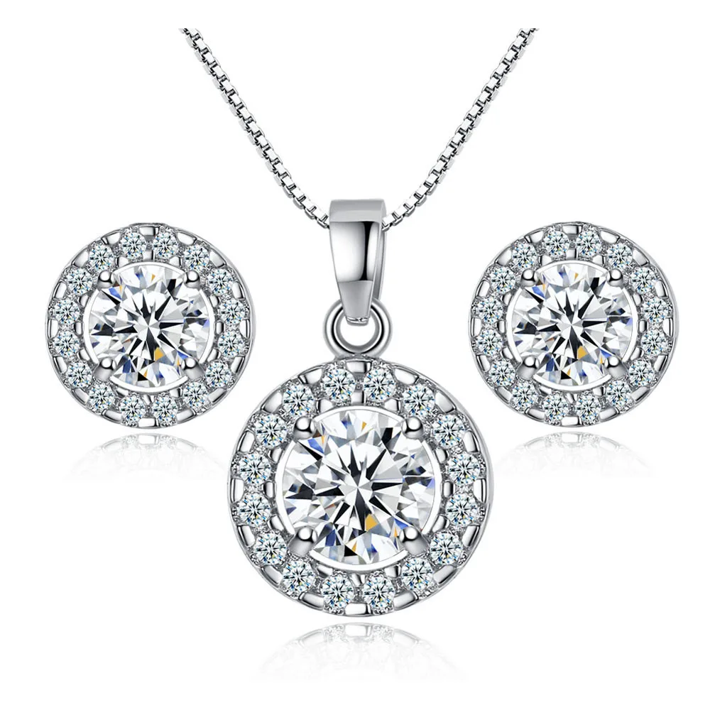 

Classic Round Zircon Crystal Necklace Earring Jewelry Set Cubic Zircon Necklace Earrings Set for Women Wedding Bridal