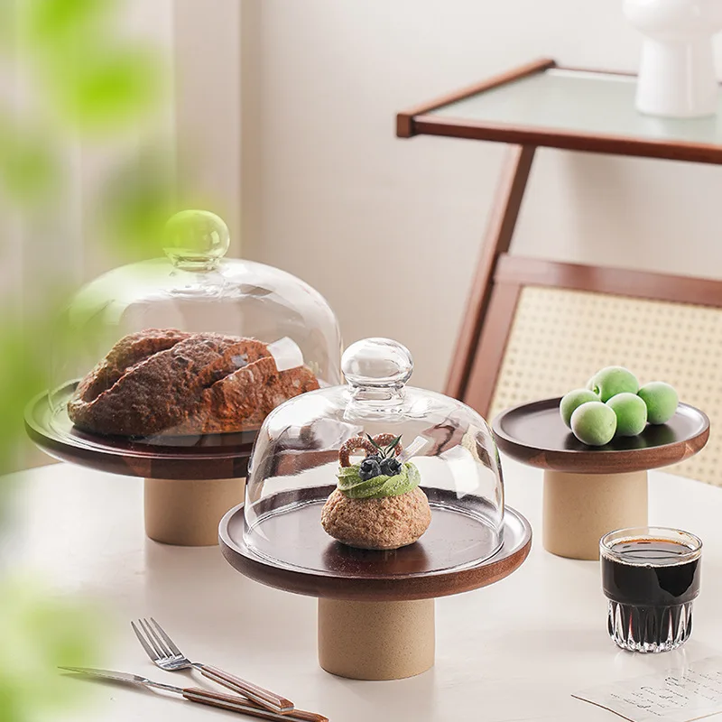 Modern Retro Japanese Acacia Wood Snack Tray High Clay Foot Dessert Table Color Enamel Home Living Room Fruit Plate Display