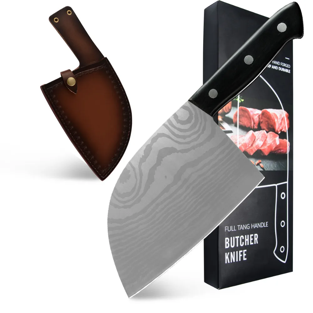 

Laser pattern full tang heavy ultra sharp 3.8mm ultra thick meat stainless steel bone chopping cleaver Butcher knife with sheath