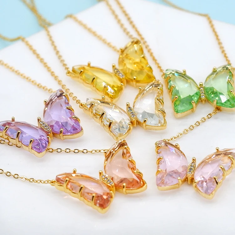 

Hip hop jewelry women crystal brass glass butterfly necklace, Picture